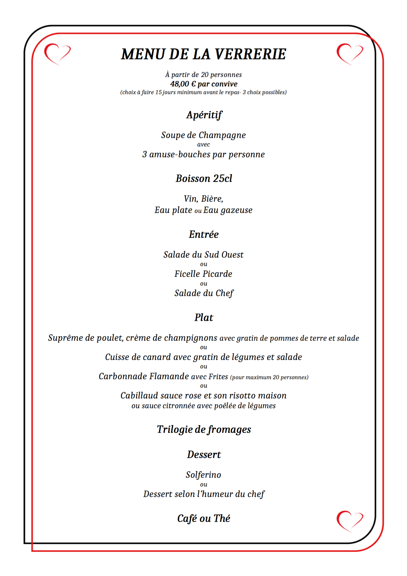 Menu de groupe verrerie